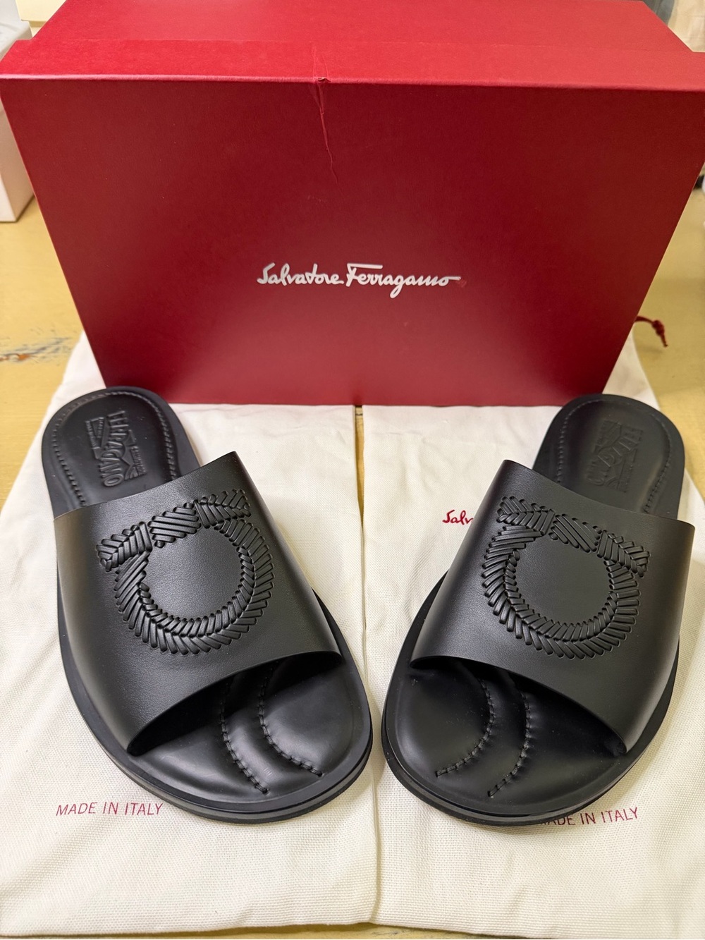 Salvatore Ferragamo Lionel Black Leather Slide Sandals